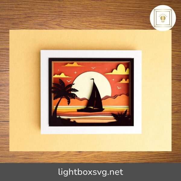 3D Sailboat Shadow Box SVG, Sunset Lake Layered Paper Cut