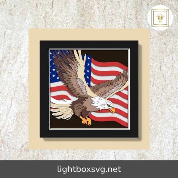 American Eagle 3D Shadow Box SVG, Bald Eagle & American Flag Layered Light Box
