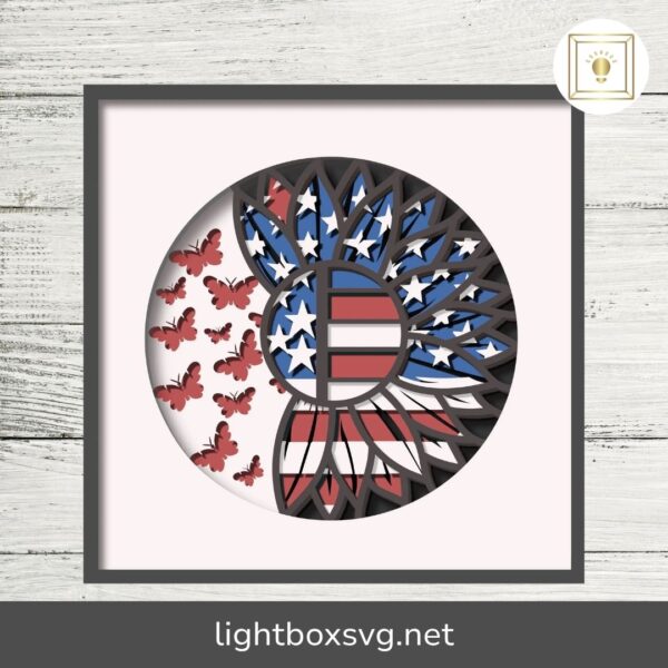Patriotic Sunflower 3D Shadow Box SVG, 4th of July Light Box Paper Cut