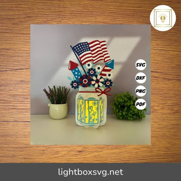 4th of July Lantern Papercraft Template, DIY Independence Day Paper Cut SVG PDF for Home Decor