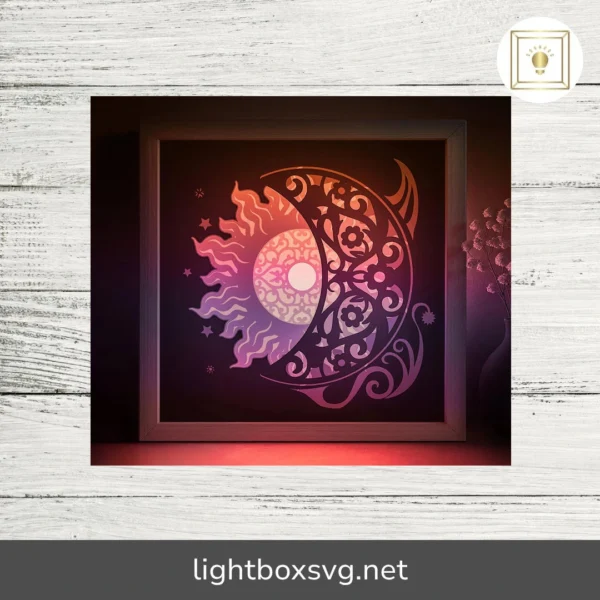 Sun and Moon Lightbox SVG Template, 3D Papercut Shadow Box with Starry Night Layers
